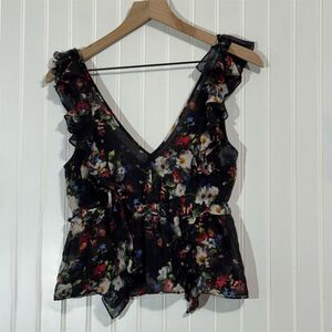 Marissa Webb Silk Floral Ruffle Peplum‎ Blouse Top Size S Black Romantic Boho